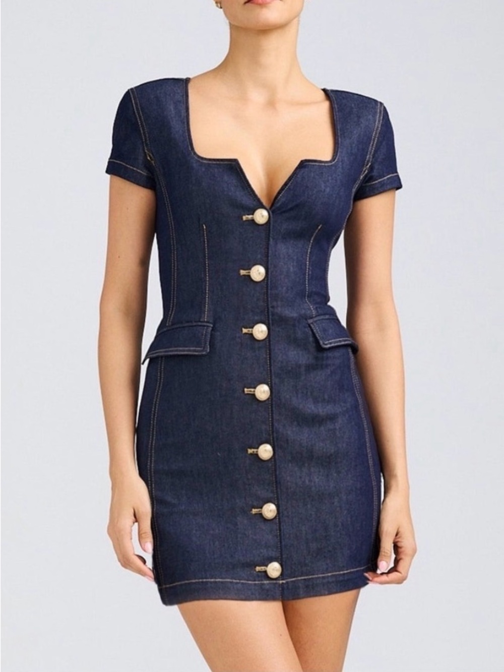 Generation Love Dark Blue Denim Mini Dress with Gold Buttons